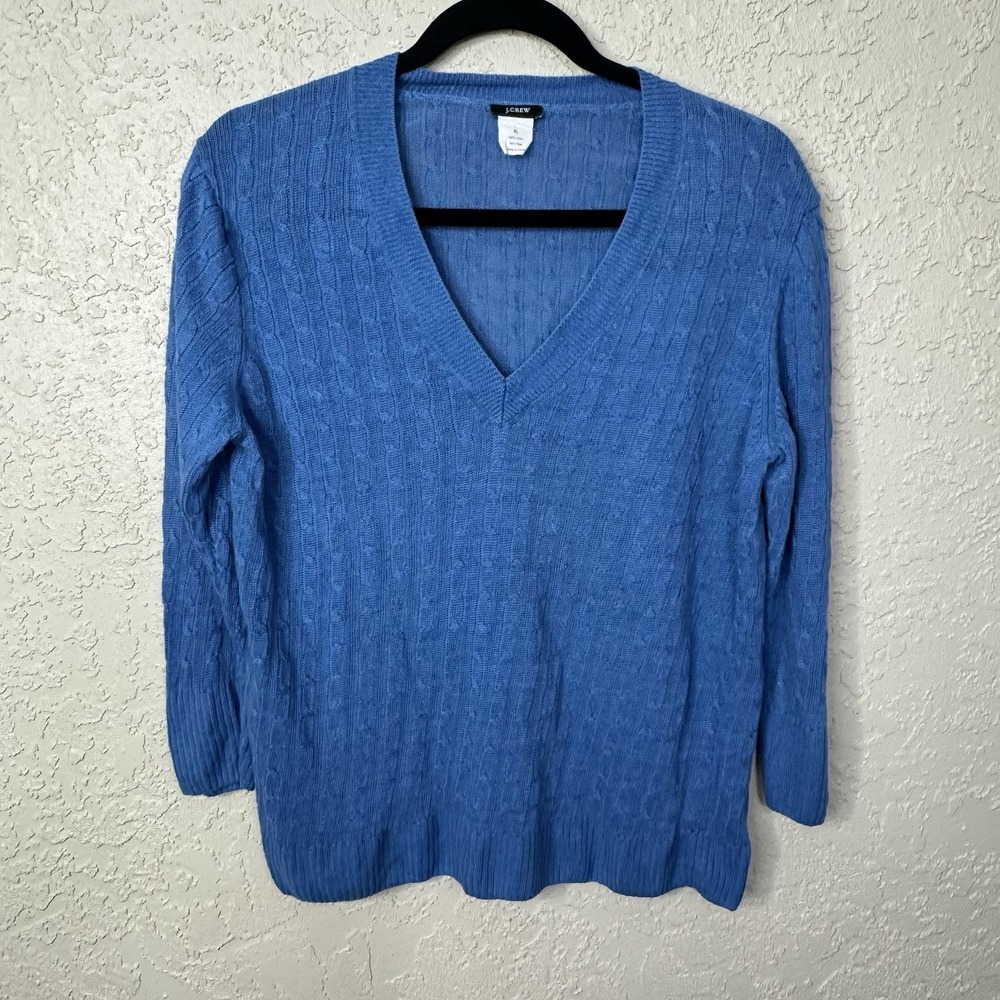 J Crew Womens Linen Cable Knit Sweater Size L Blue Lightweight Coastal Preppy